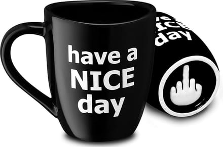 Decodyne Have A Nice Day Mok - Grappige Beker Met Middelvinger Op De Bodem 400 Ml - Zwart