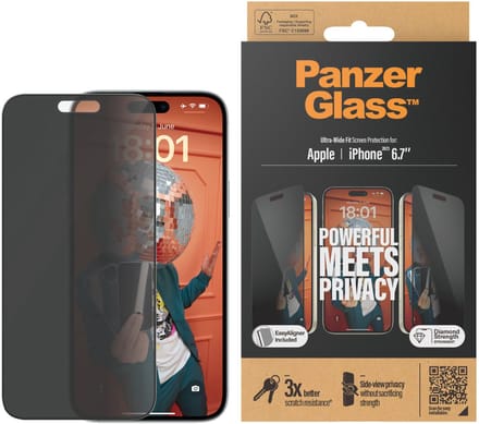 PanzerGlass Screenprotector geschikt voor Apple iPhone 15 Plus Glazen | PanzerGlass Ultra-Wide Fit Screenprotector Privacy - Case Friendly + Installatie Frame