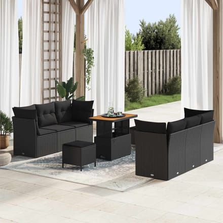 vidaXL - Tuinbank - Set - met - kussen - 9 - pcs - Zwart - poly - rattan