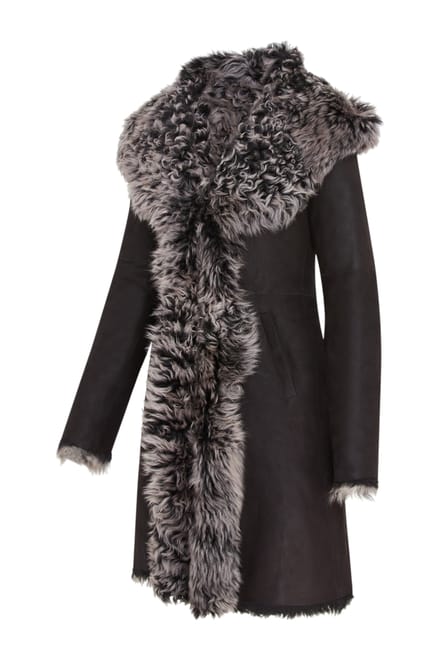 Dames zwarte Toscaanse schapenvacht leren trenchcoat met capuchon - Coast