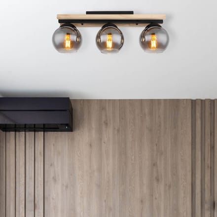 Globo Conni plafondlamp, lengte 60 cm, rookgrijs, hout/glas, 3-lamps.