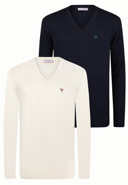 Felix Hardy Sweater Met V-Hals - 2 Pack Trui - 100% Katoen Heren Ecru-Navy - M