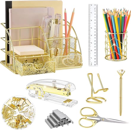 Bureau Organizer Set - Kantoor Accessoires - Bureau Opruimen - Compleet Metaal - 15x15x18 cm - Goud