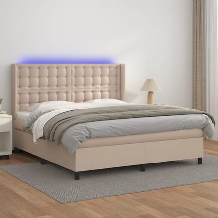 vidaXL - Boxspring - met - matras - en - LED - kunstleer - cappuccinokleur - 160x200cm