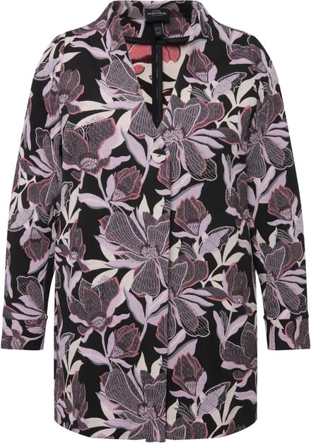 Ulla Popken - Dames - Jacquard jas bloemen goblet kraag - Zwart - Maat 58+