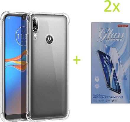 Hoesje Geschikt voor: Motorola Moto E6s / E6 Plus - Anti Shock Silicone Bumper - Transparant + 2X Tempered Glass Screenprotector