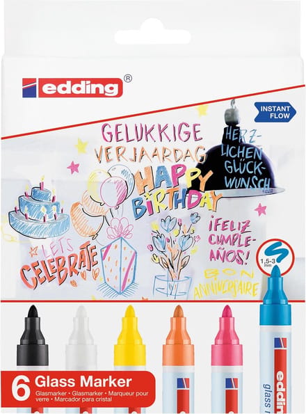 Viltstift edding 95 glasbord incl wit en zwart ass | 6 stuks