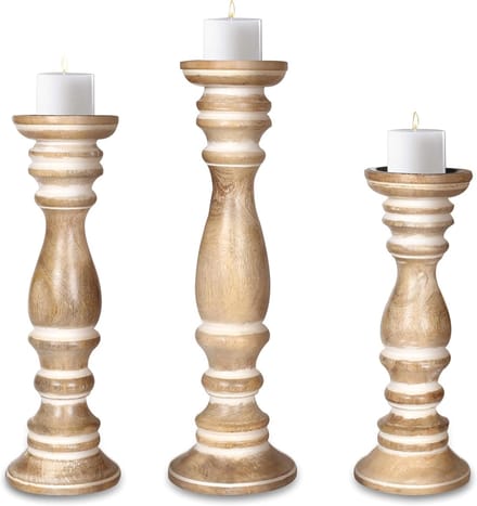 Houten Kandelaars - Kaarsenhouders Set - Sfeerverlichting Thuis - Handgesneden Design - Set van 3 - Wit Gewassen