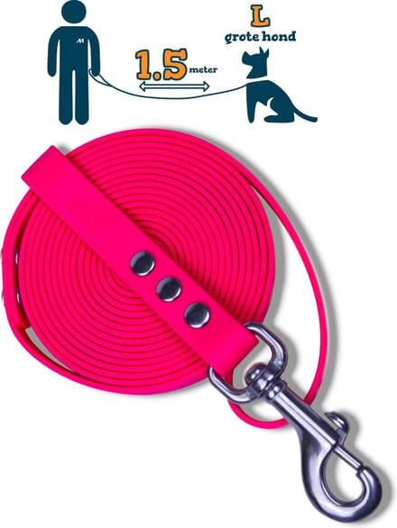 Miqdi hondenriem – BioThane® - neon roze – 1.5 meter lang – 19mm breed – L/XL - grote hond