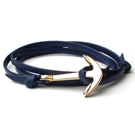 Anker armband leren koord blauw met Goudkleurig
