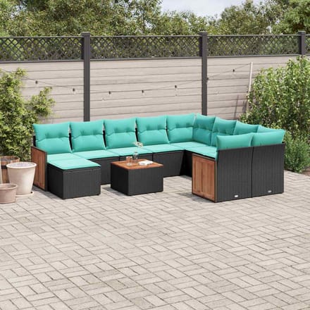 vidaXL - 11-delige - tuinbankset - met - kussens, - zwart - polyrotan