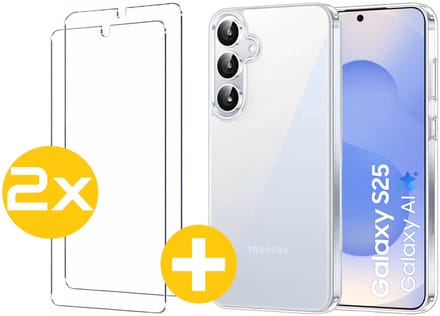 Hoesje en Screenprotector Combi Geschikt Voor Samsung Galaxy S25 - Transparant Hoesje + 2x Screenprotector