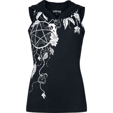 Gothicana Zwarte top met capuchon en print aan de voorkant - Dames - M