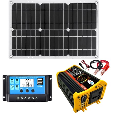 Zonne-energieopwekkingssysteem Dubbel USB 25W zonnepaneel + 6000W omvormer DC 12V naar AC 110V220V zwart
