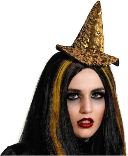 Halloween heksenhoed - mini hoedje op diadeem - one size - goud glitter - meisjes/dames
