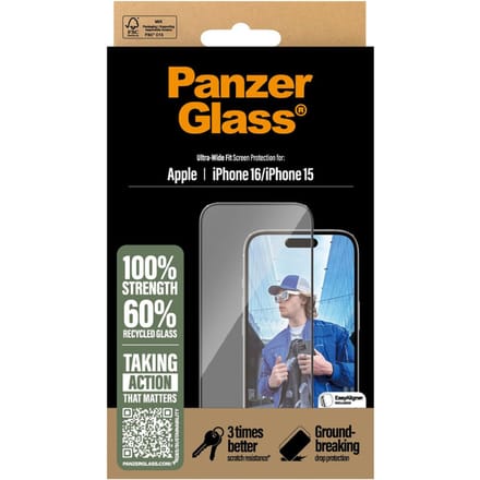 PanzerGlass Screenprotector geschikt voor Apple iPhone 16 Glazen | PanzerGlass Ultra-Wide Fit Screenprotector - Case Friendly