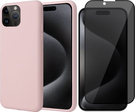 Hoesje geschikt voor iPhone 15 Pro - Privacy Screen Protector FullGuard - Back Cover Case SoftTouch Roze & Screenprotector