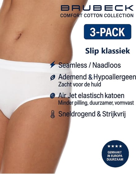 Brubeck Dames Slip Klassiek – Naadloos (Seamless) Elastisch Katoen – 3-Pack - Wit - M