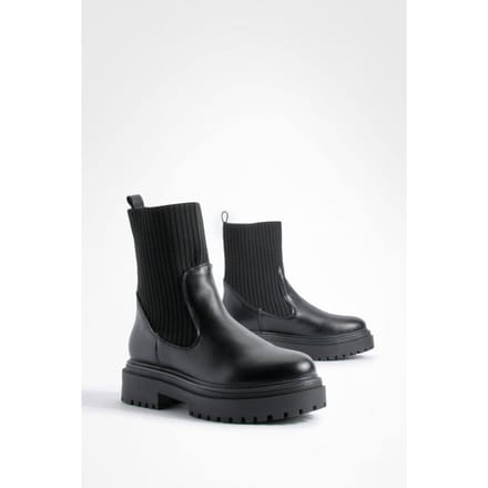 boohoo Dames Chunky Zool Gebreide Chelsea Laarzen | Black | Maat: 8