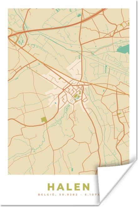 Poster Retro - Halen - Stadskaart - Plattegrond - Kaart - 20x30 cm