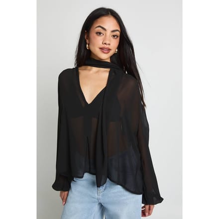 boohoo Dames Chiffon Sjaal Volume Mouw Blouse | Zwart | Maat: 36