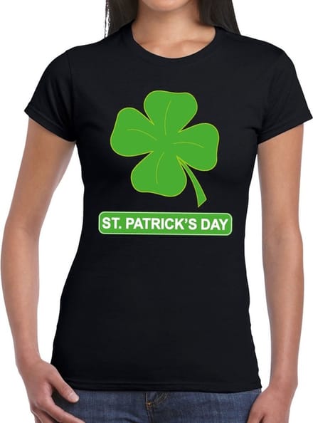 St. Patricksday klavertje t-shirt zwart dames - St Patrick's day kleding M