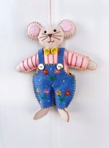Muis met blauwe tuinbroek, vilt 13x2x16cm