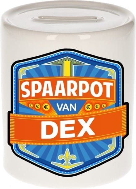 Bellatio Decorations Kinder spaarpot met naam - Dex - keramiek - met dop - wit - Sparen - Spaargeld van Dex