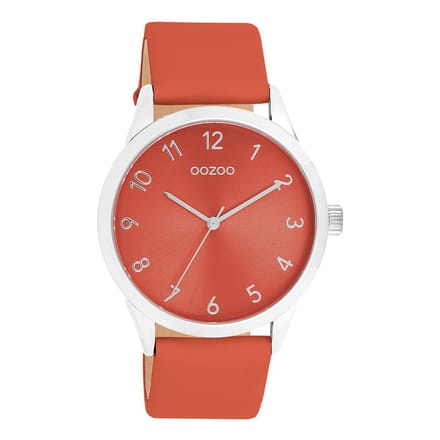 Zilverkleurige OOZOO horloge met rode leren band - C11326
