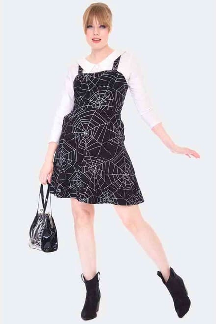Voodoo Vixen - Spider Web Print Overall Flare jurk - M - Zwart