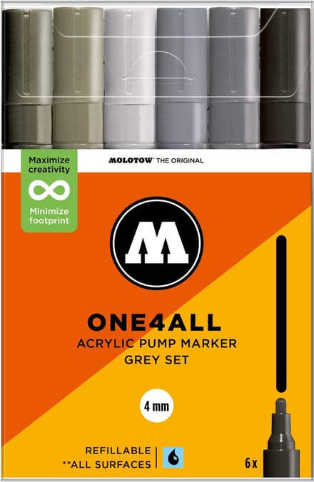 Molotow ONE4ALL 227HS Acrylstiften Set Grijs - 6 Stuks - 4mm - Grey Set