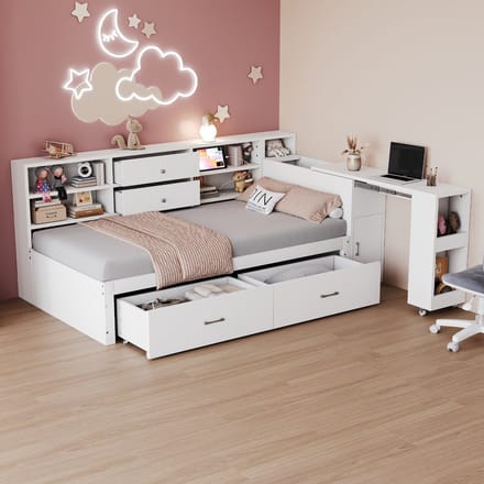 REDOM bedframe 90x200 cm – Wit – Veel opbergruimte, uitschuifbaar bureau, USB en stopcontact