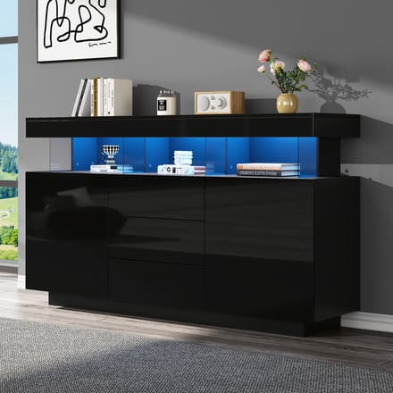 PHOEBE CAT Dressoir - Halmeubel - Hoogglans - LED-verlichting - 3 lades - Zwart