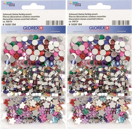 Glorex Plak - strass steentjes - 1000x - gekleurd - rond, vierkant en bloem - plaksteentjes