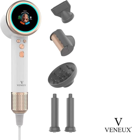 Veneux®Superiqonic Föhn met Diffuser – 2200W – 110.000 RPM – Ionic Technologie – Stil & Compact – Digitaal Display – Wit/Goud