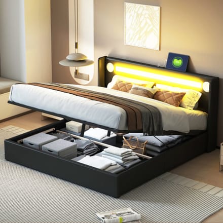 Zubaliya Polsterbed - 160x200 cm Zwart - PU-Leder - LED-Licht - Bluetooth-Player