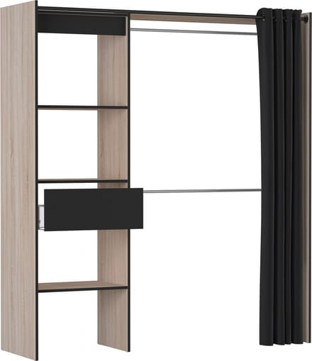 Belfurn - Chicago uitschuifbare dressing kast geborstelde eik en zwart 114<168cm met gordijn
