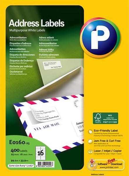 Printec Adresetiketten - 25 Vel - 99.1x33.9mm - 16 Labels per A4 - 400 Stickers