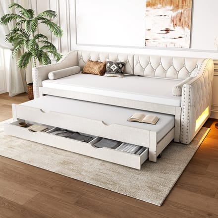 MODFU Ledikant 90x200 cm – beige linnenmix – met LED, uitschuifbed en 3 laden