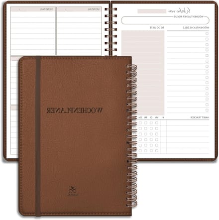 Weekplanner met harde kaft in bruin leer - Duitse indeling, ideaal voor organisatie en planning
