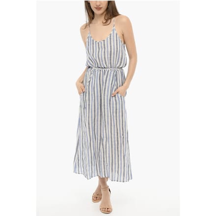 Awning gestreepte linnen maxi-jurk met riem in Bianco, Blu