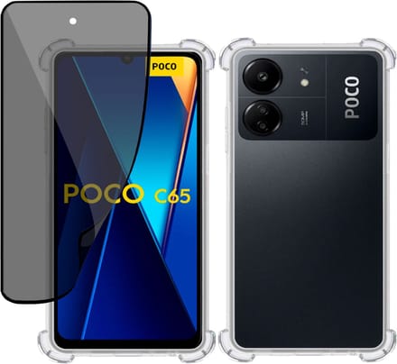 Hoesje + Privé Screenprotector geschikt voor Poco C65 – Privacy Tempered Glass - Case Transparant