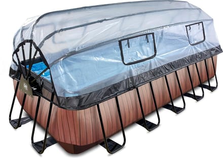 EXIT Wood Frame Zwembad 540x250x122cm - Opzetzwembad - met Zandfilterpomp & Overkapping & Warmtepomp - Rechthoekig - Bruin