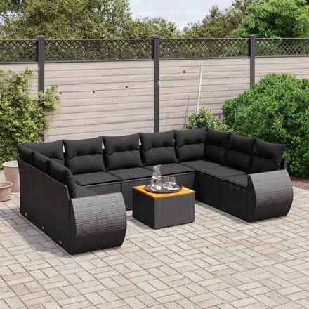 vidaXL - 10-delige - Loungeset - met - kussens - poly - rattan - zwart
