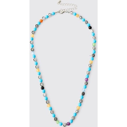 Blue Beaded Necklace with Silver Smiley Face Charms