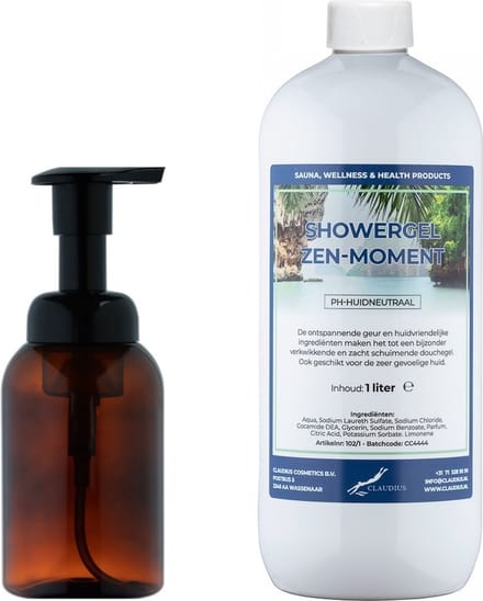 Zeepdispenser 300 ml amber bruin hervulbaar + 1 liter Showergel Zen Moment navulling