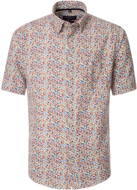 CASA MODA Sport casual fit overhemd - korte mouw - structuur - donkerblauw - wit en beige dessin