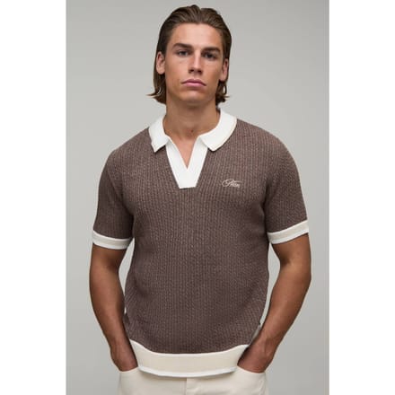Heren Boxy Kabel Geborduurde Gebreide Polo | Brown | Size Small