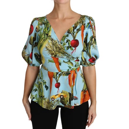 Dolce & Gabbana Multicolore Groenteprint Zijden Top Peplum Wikkelblouse