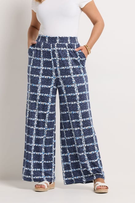 Yours Marineblauwe Geruite Broek Met Bloemenprint Size 46